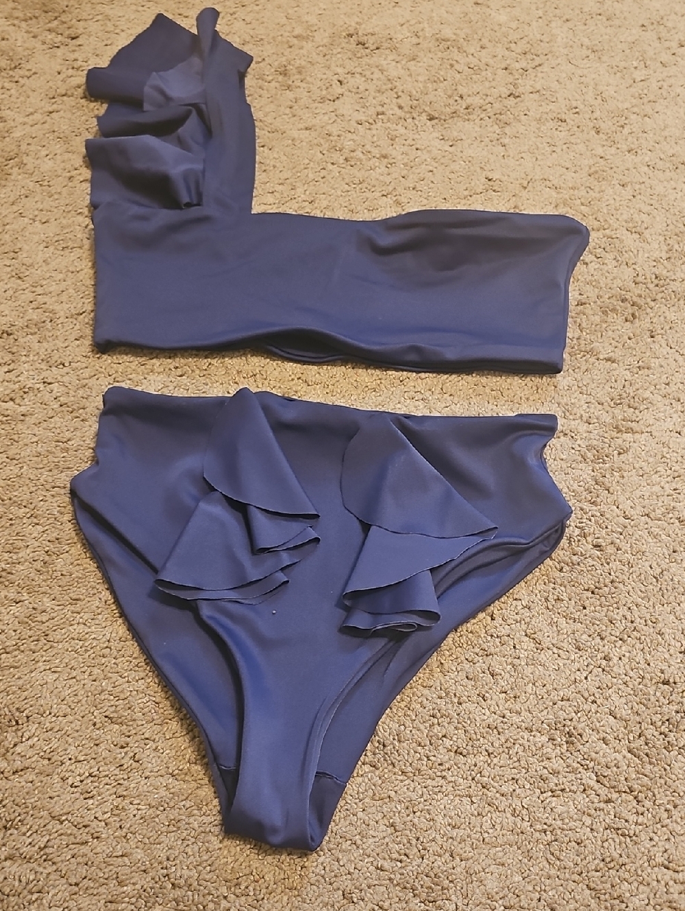 One-Shoulder Navy Ruffle Bikini Set